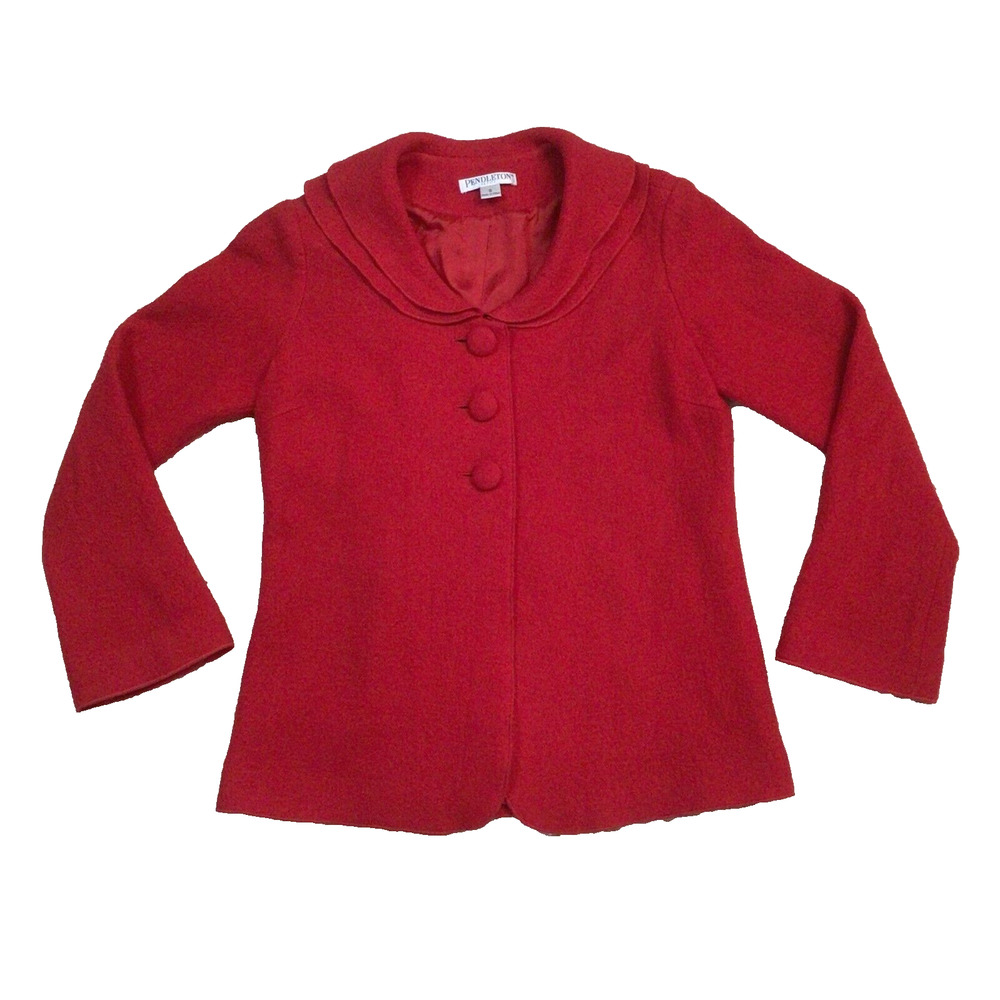 Pendleton Red Wool Shirt Jacket Blazer 3 Buttons Ruffle Collar SZ Petite S 920A